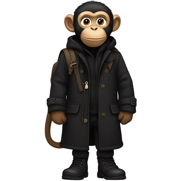 Monkey wearing black wool coat black ugg boots and a black backpack emoji