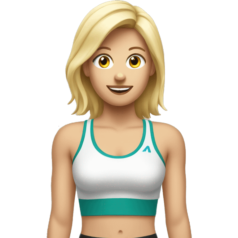 blonde woman in sport top raising her hand hello emoji