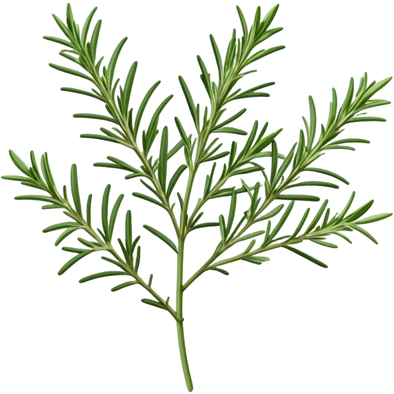 Cinematic Realistic Rosemary Emoji, Fragrant and fresh, with slender green stems covered in needle-like leaves, which release a distinctive herbal scent. The plant seems to exude energy, with soft sprigs of leaves stretching upwards. Soft glowing outline, capturing the essence of earthy healing and aromatic delight in a sprig of rosemary! emoji