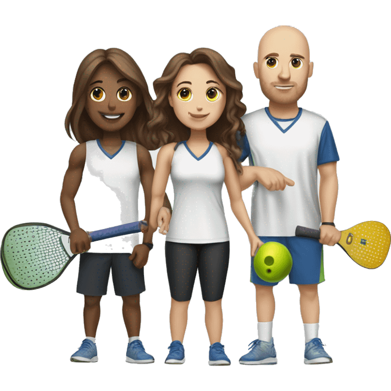 4 Caucasian people playing pickleball with 1 tall bald male, 1 shorter brown hair male, 1 girl with long brown hair, 1 girl  with brown hair emoji