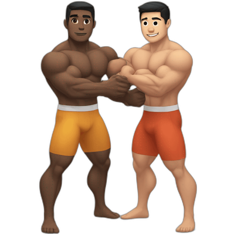 Muscle black guy and a muscle Asian guy Hugging  emoji