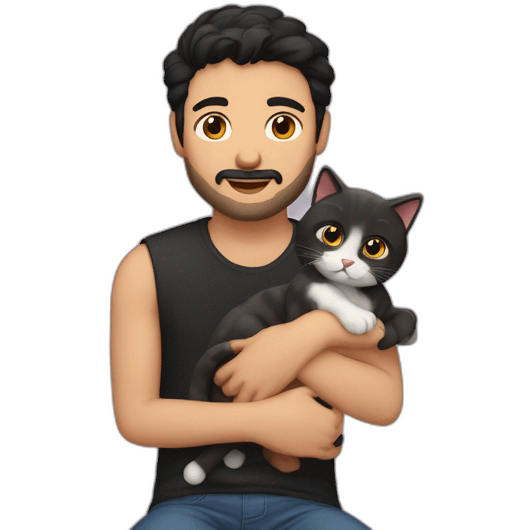 man with short beard hazel eyes and black hair with cat on lap emoji