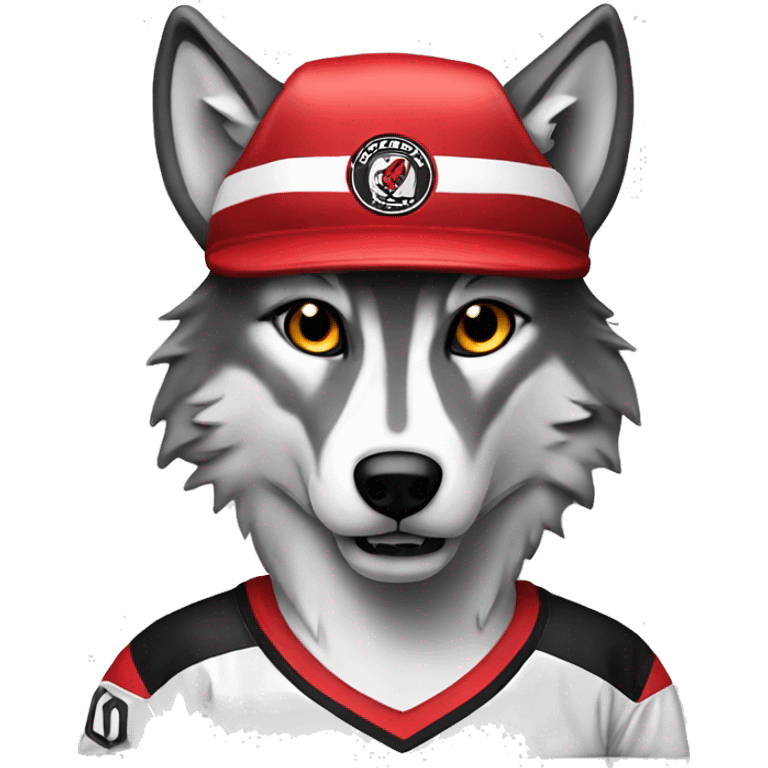 A wolf in a red black and white hockey uniform with a wolf emblem emoji