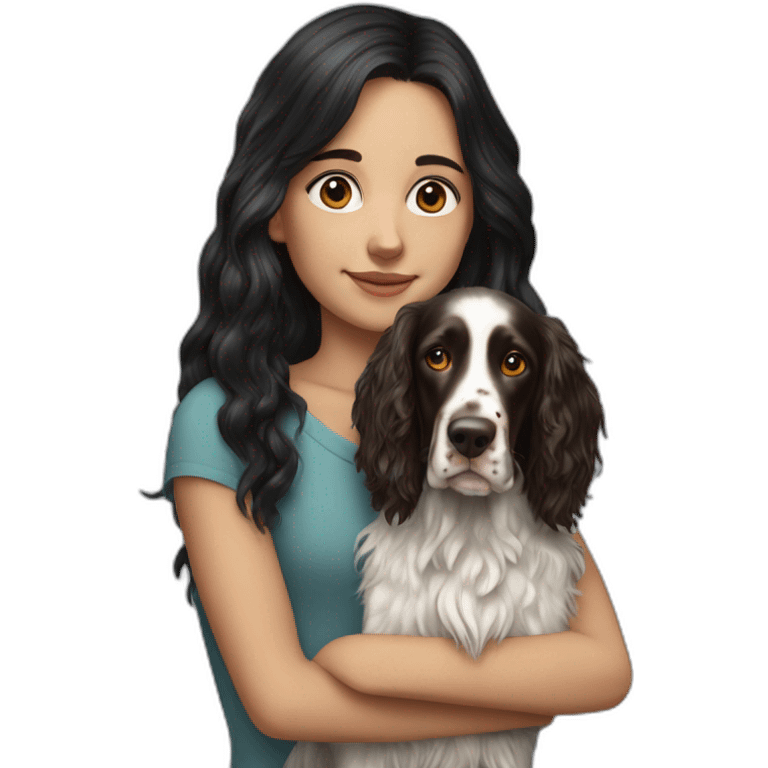 hyperrealist caucasian girl black long hair with brown english setter dog emoji