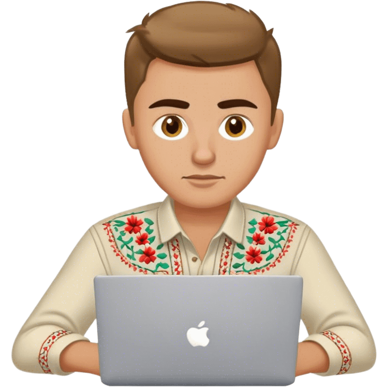 A Ukrainian guy in an embroidered shirt works at his laptop emoji