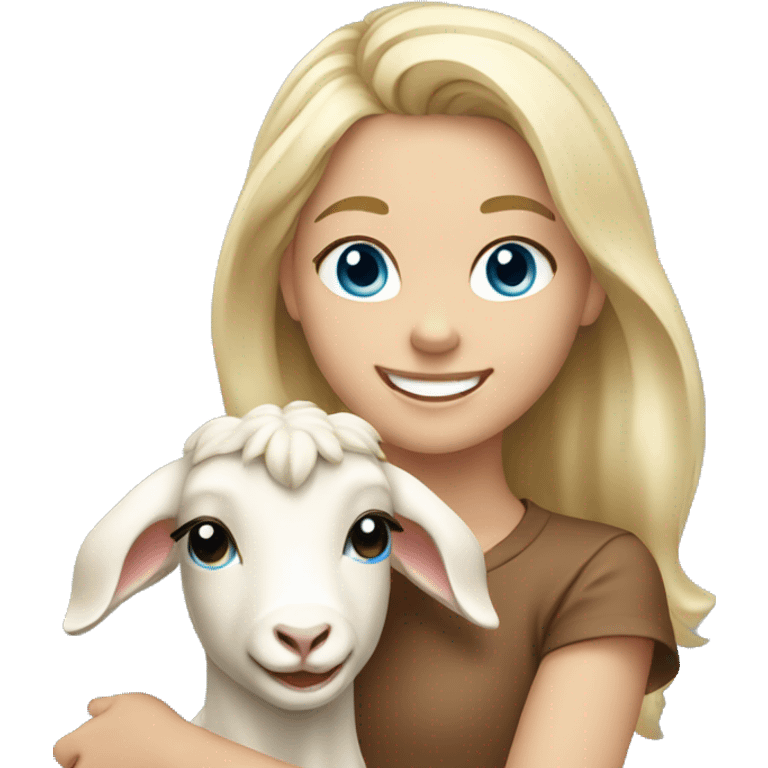 smiling girl with blonde hair blue eyes holding goat emoji