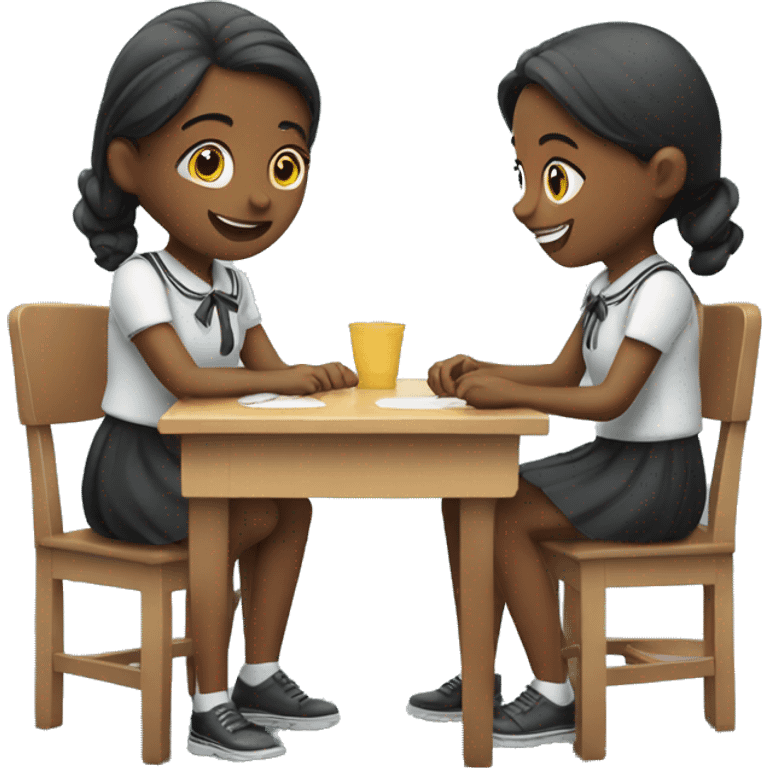 Two schoolgirl at the table are playing emoji