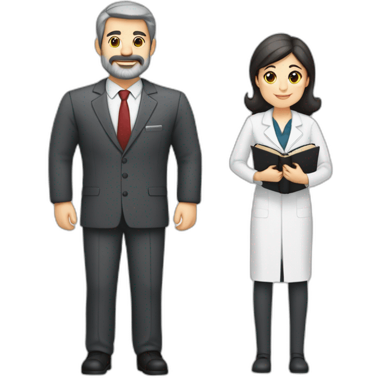 husband classy caucasian 55 some dark gray hair trimmed beard wearing business suit holding bible, with wife asian age 55 dark hair nurse uniform, no children emoji