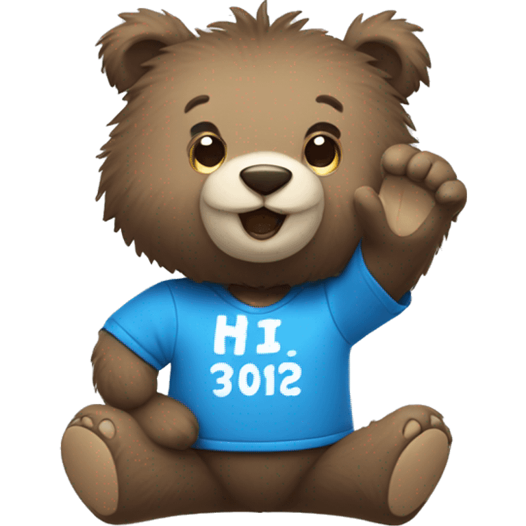 Blue fuzzy bear wearing a gaming shirt and saying hi and waving  emoji