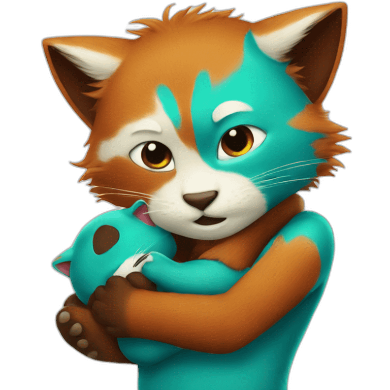 Turquoise cat hugs red panda emoji