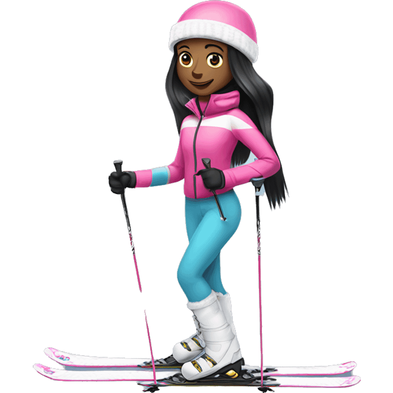 African Skier girl with long black straight hair and pink gear show skis and legs  emoji