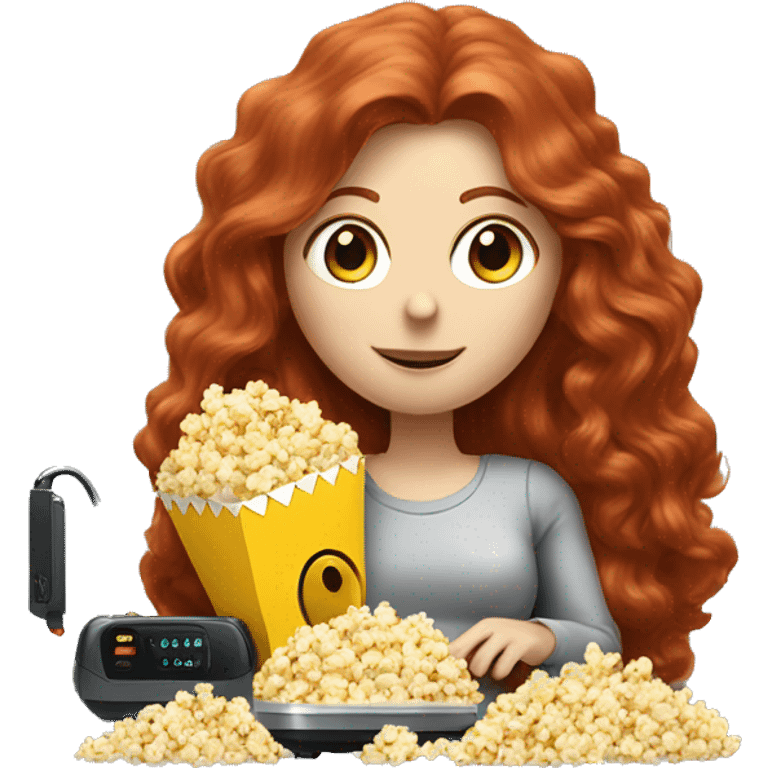 A long haired redhead lady eating popcorn with a robot vacuum next to her  emoji