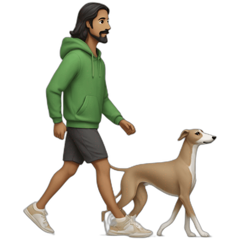 an indian man wearing a green sweatshirt, beige shoes, long hair, no beard, black shorts, walking, side profile,  walking a beige whippet emoji