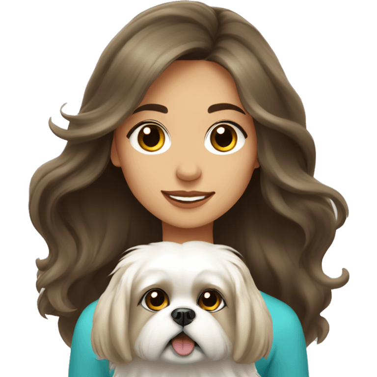 wavy long haired Brunette girl with white pekingese emoji