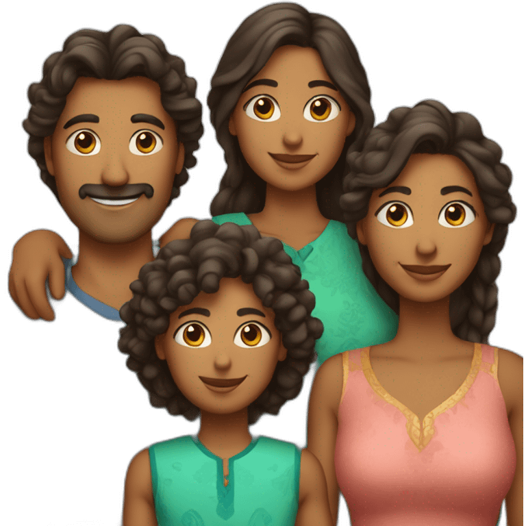 indian family with one dad and one son straight hair and one mom and one daughter curly hair emoji