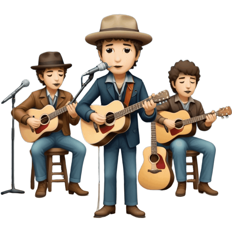 Icon for Folk Music: Bob Dylan with his harmonica and acoustic guitar, performing with his band on stage. The atmosphere should be intimate and nostalgic, capturing the soul of folk music with simple instruments and natural vibes. Transparent background. emoji