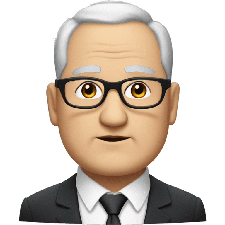 Chubby man of about 60 years of age with a bald shin. Small round glasses and dark eyes. Grey hair and a double chin. Chubby pointed nose. Wearing a black suit with waistcoat and tie. emoji