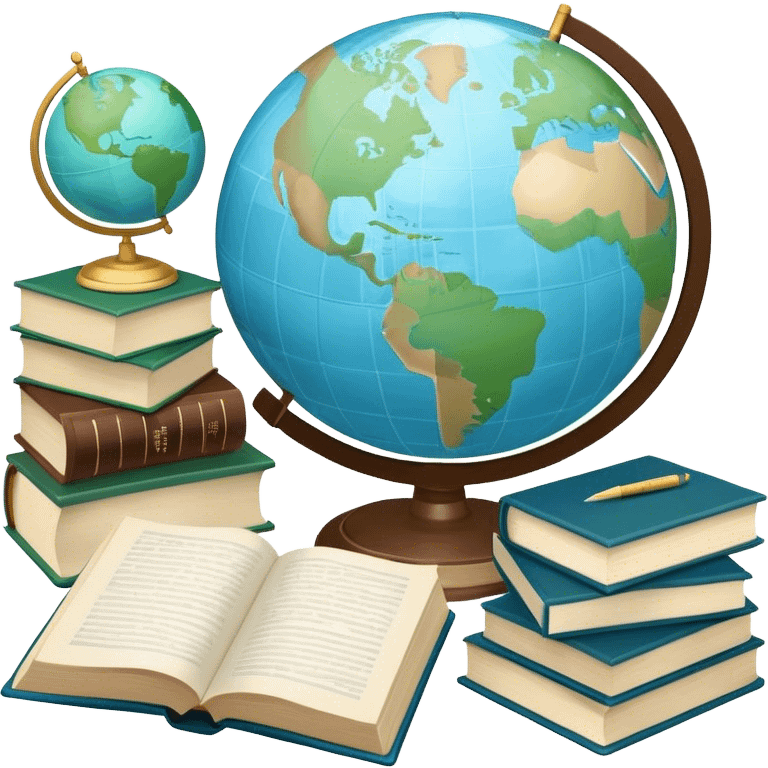 Create an emoji representing language translation. The design should feature a single globe in the background, symbolizing international communication. In front of the globe, place two opened books, with texts in it and a pen nearby to indicate the act of writing and vocabulary. Use a clean and professional color palette with blues, greens, and neutral tones. Do not include any emojis or smiley faces. Make the background transparent emoji