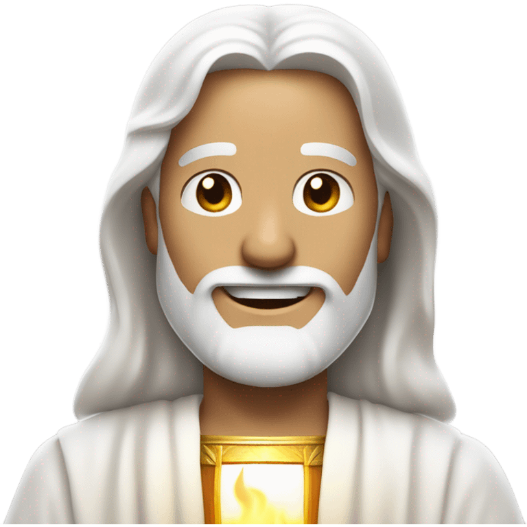 Jesus smiling with flame emojis over his eyes and white hair and white beard. White robe and simple golden sash emoji