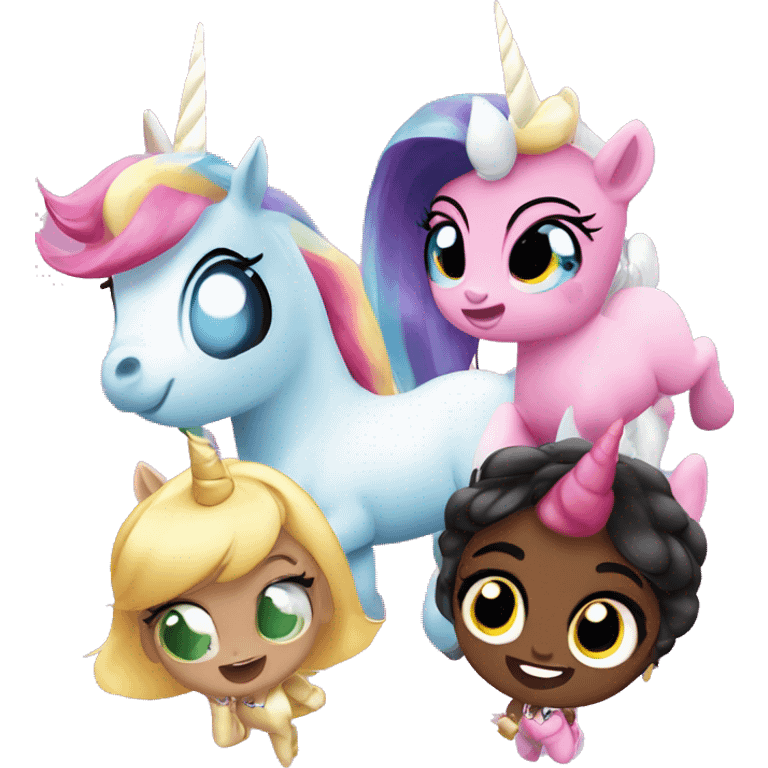 Four unicorns with power puff girls powers flying with hand up in the air emoji