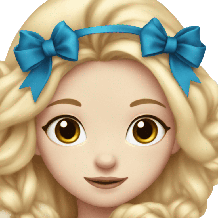 pale blonde girl with long rosy blonde hair with blue eyes and wearing a black bow holding a calico kitten also wearing a bow emoji