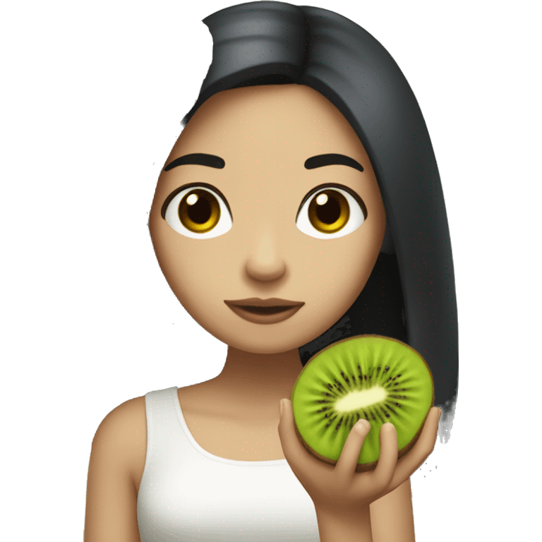 philipino white girl with long black hair holding a kiwi emoji