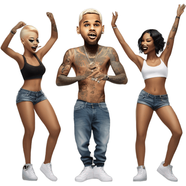 Hyper Realistic Chris Brown on stage singing with 2 female tattooed dancers emoji