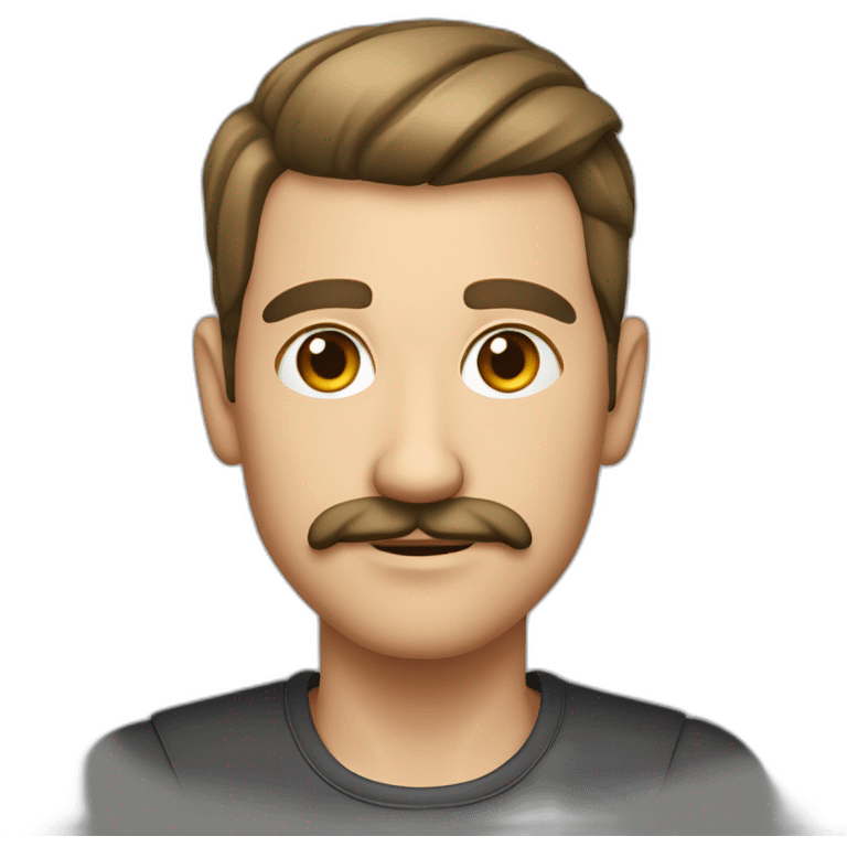 German with slicked-back hair parted in the middle, a tiny moustache and an awkward look emoji