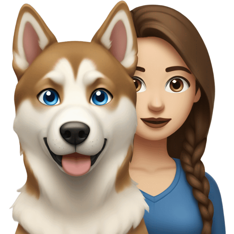 Woman brown hair blue eyes with Husky beige golden emoji