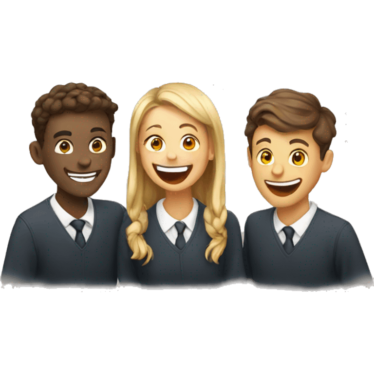 3 European students laughing at lesson emoji