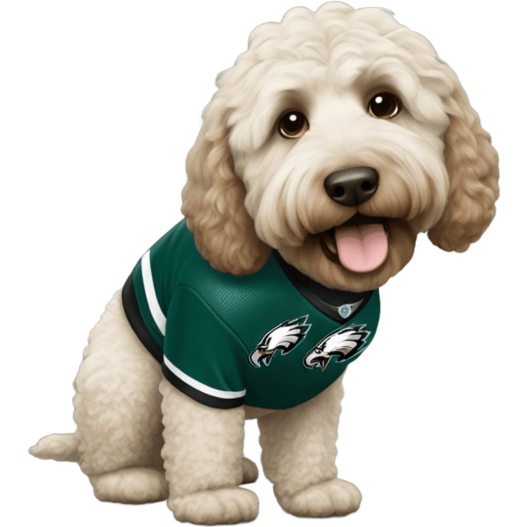 Labradoodle wearing a Philadelphia eagles jersey emoji