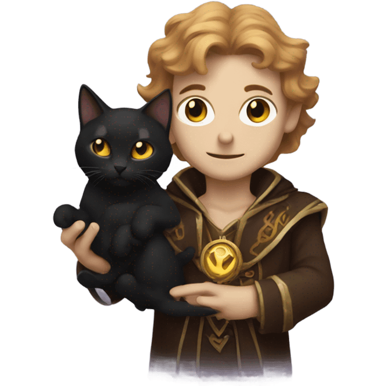 A sun warlock who is pale with brown hair and is holding a black kitten emoji