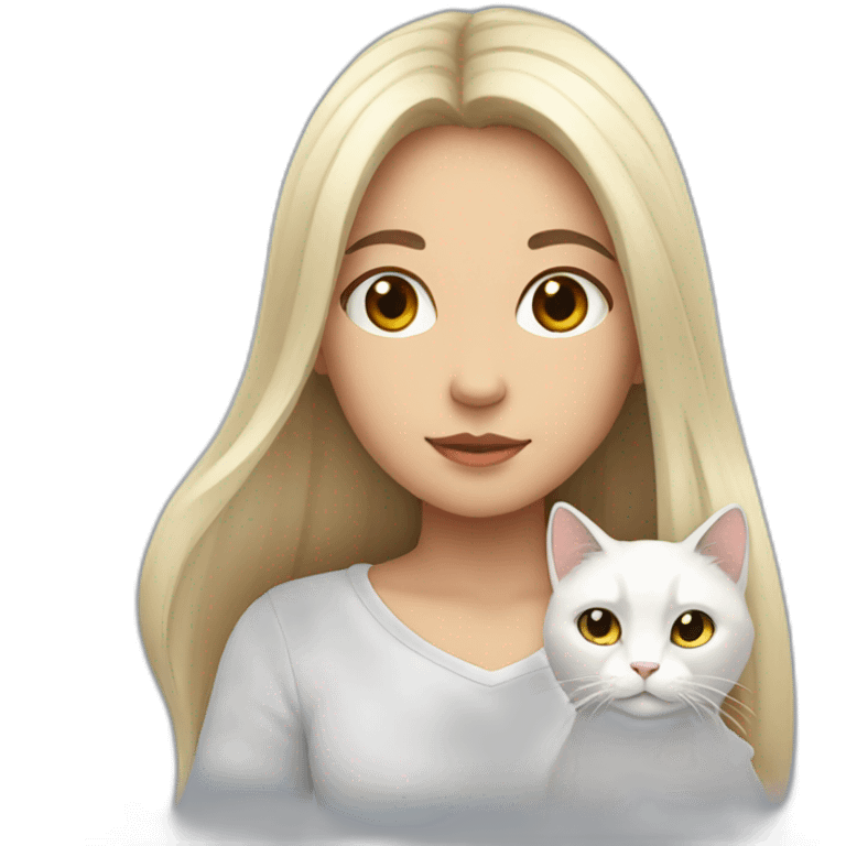 A girl with long dark hair and a white cat on her right shoulder emoji