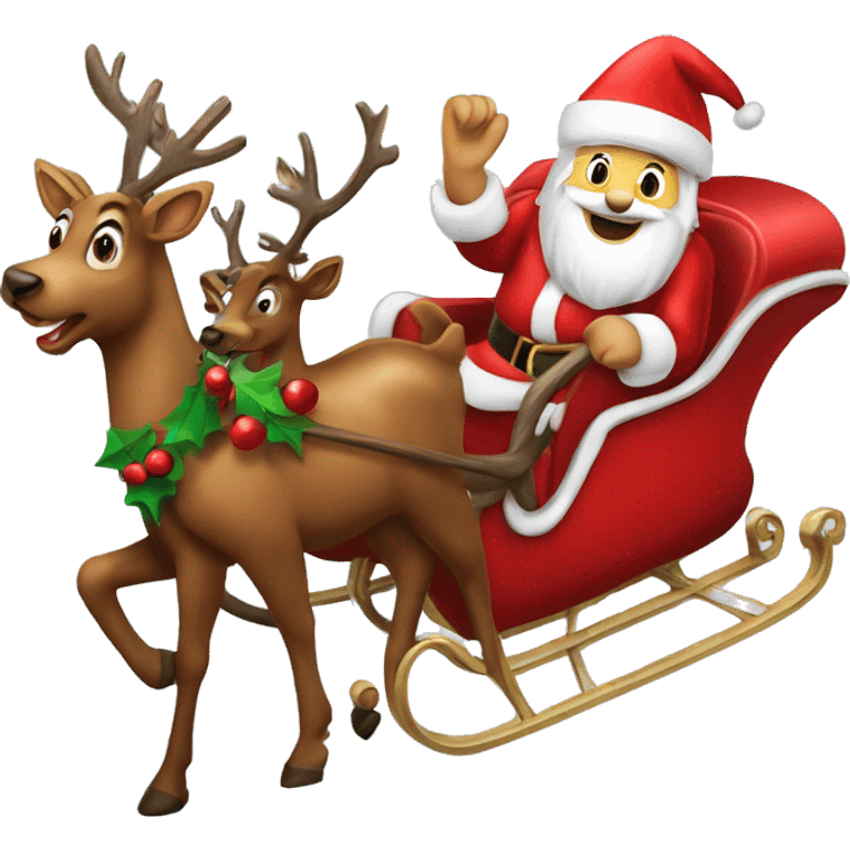 Christmas sleigh with reindeers and Santa emoji