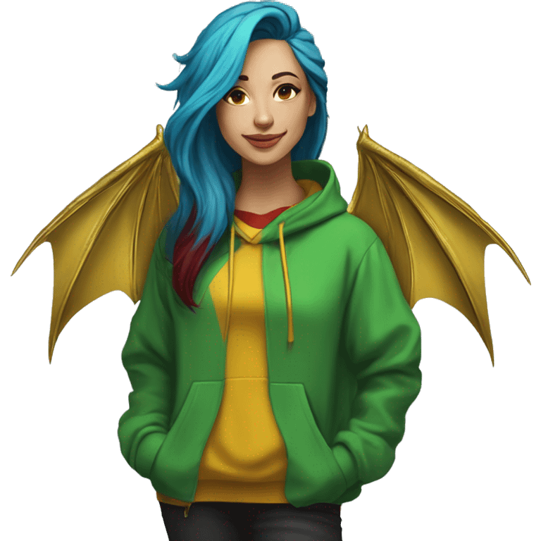 420 Lady with brunette and iridescent blue hair, hemp, gold, green dragon wings, maroon hoodie, 420, black and gold Nike t shirt, and bright red eyes emoji