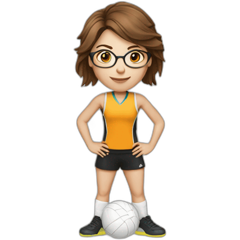 caucasian female netballer with brown hair, glasses and ball emoji