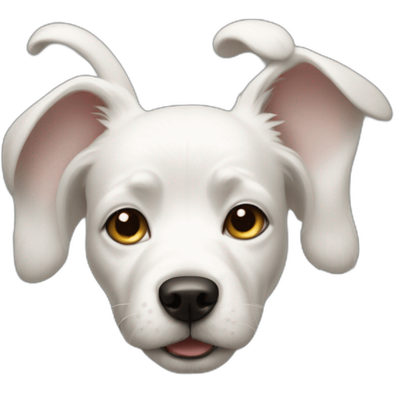 white dog with one ear upright another ear floppy, pointing down emoji