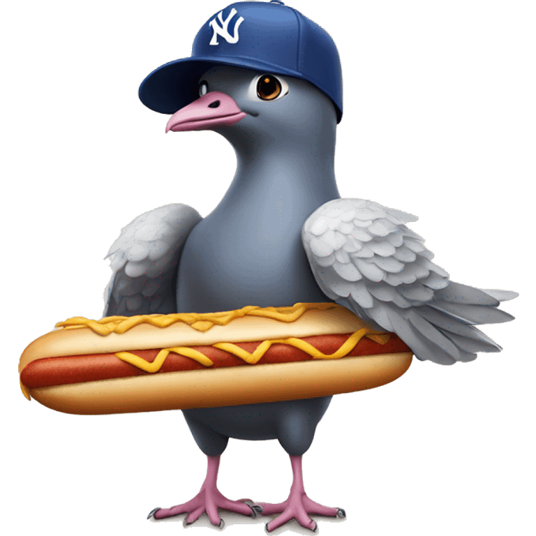 pigeon wearing a blue New York yankee hat while standing on top of a hotdog emoji