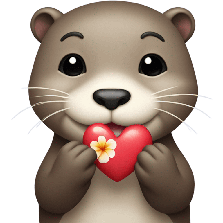 A happy and cute otter face with a Hawaiian flower tucked behind its ear, holding a heart. emoji