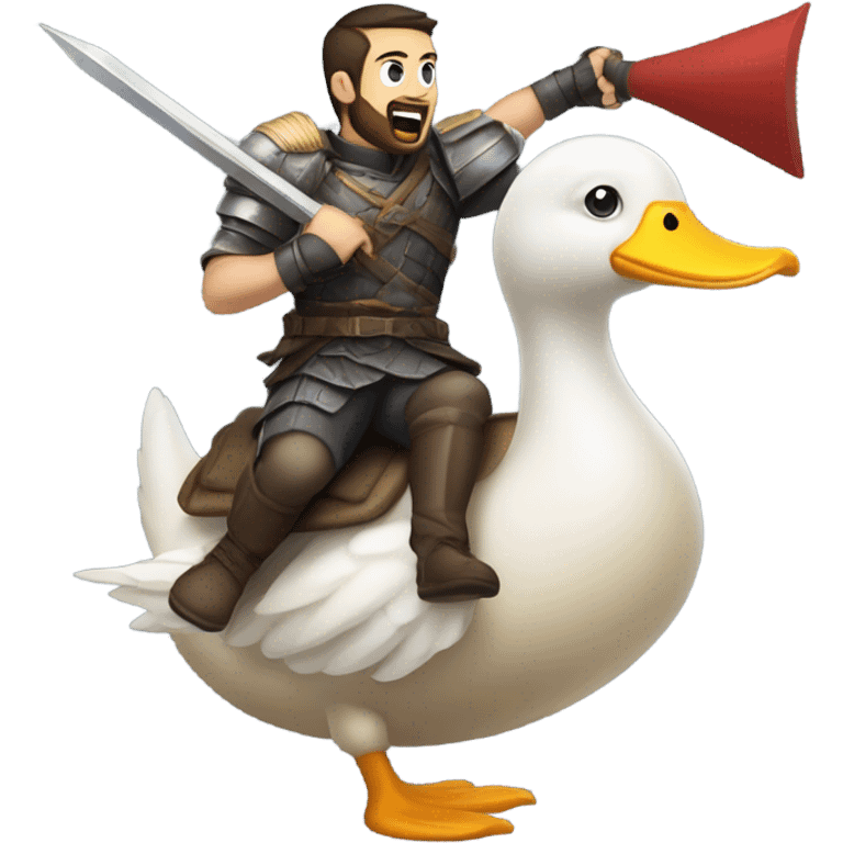 Confident armored White Man with dark brown hair and a short beard pointing forward with one arm yelling a battle charge while riding on the back of a giant duck emoji