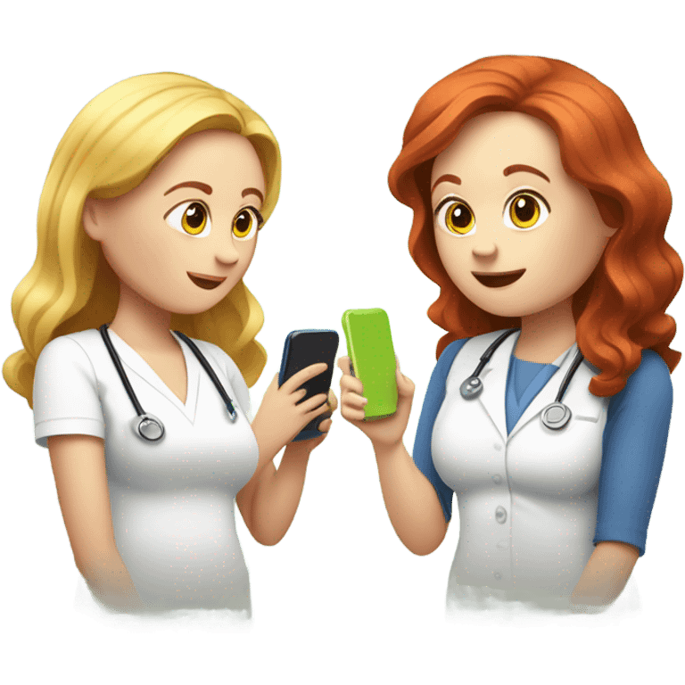 red hair nutritionist and blondie overweight patient talking smartphone emoji