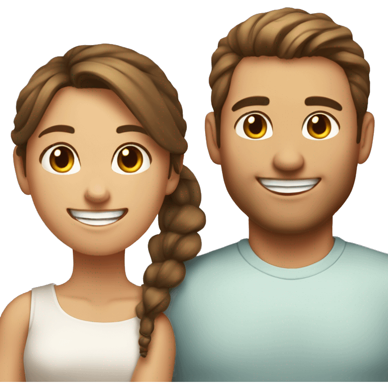 Woman and man smiling, woman has straight Brown hair in a ponytail, slightly sunkissed skin, man has bright Brown hair in a ponytail, slightly sunkissed skin emoji