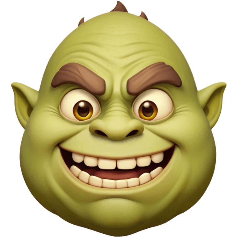 Cinematic Comical Ogre Portrait Emoji, with a strikingly exaggerated, bulky figure in vivid earthy greens and browns, head tilted in a dramatically surprised expression with wide, comically bulging eyes and a goofy, oversized grin, simplified yet hilariously exaggerated, highly detailed with a soft, cartoonish glowing outline capturing the playful absurdity of a meme-worthy ogre! emoji