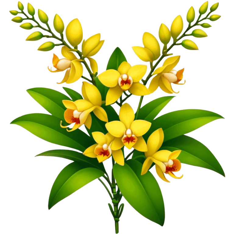 big bouquet yellow Dendrobium Orchid flower, stem, leaf emoji