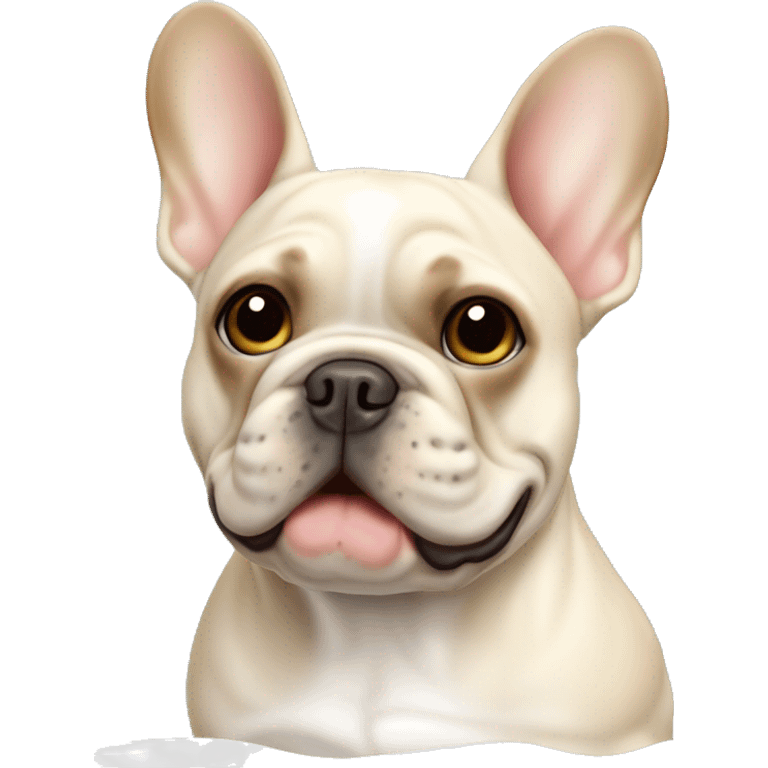 Cream French bulldog with a light brown right ear and two brown spots near the end of its back  emoji