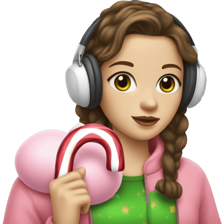 woman with brown hair and pale skin with green eyes and a pink sweatshirt and white earmuffs and holding a candy cane emoji