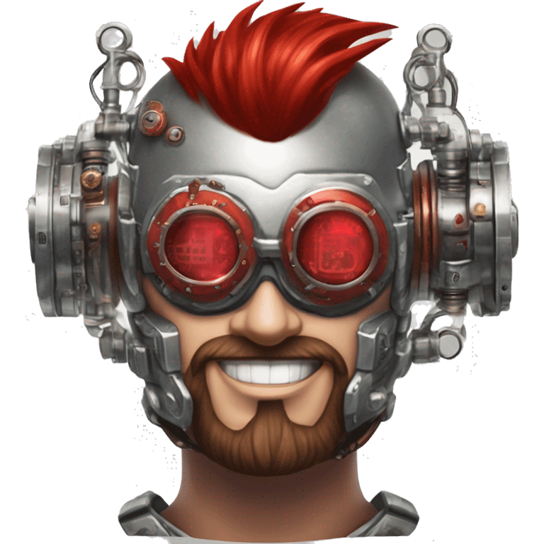 cyborg head with red Mohawk, red beard. silver steampunk monocle goggles a smile and circuits emoji