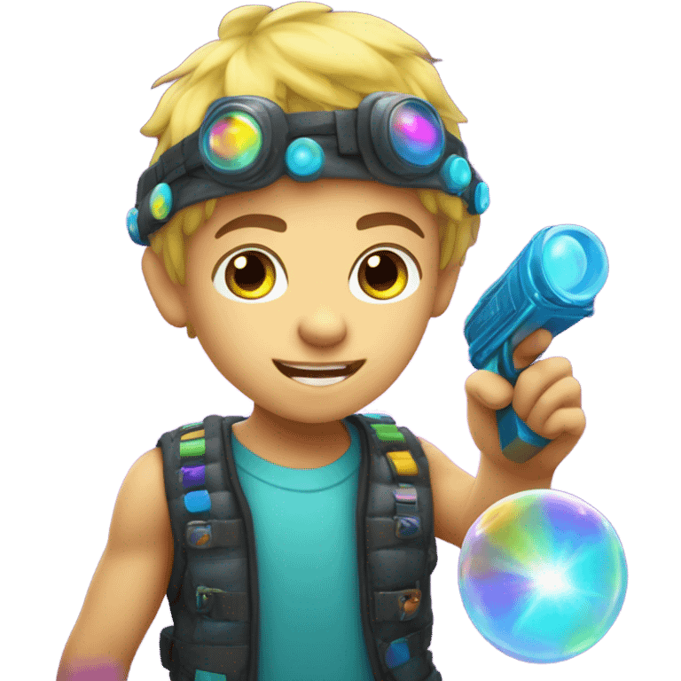 Caucasian boy in glowing rave outfit with headgear, shooting a bubble gun emoji