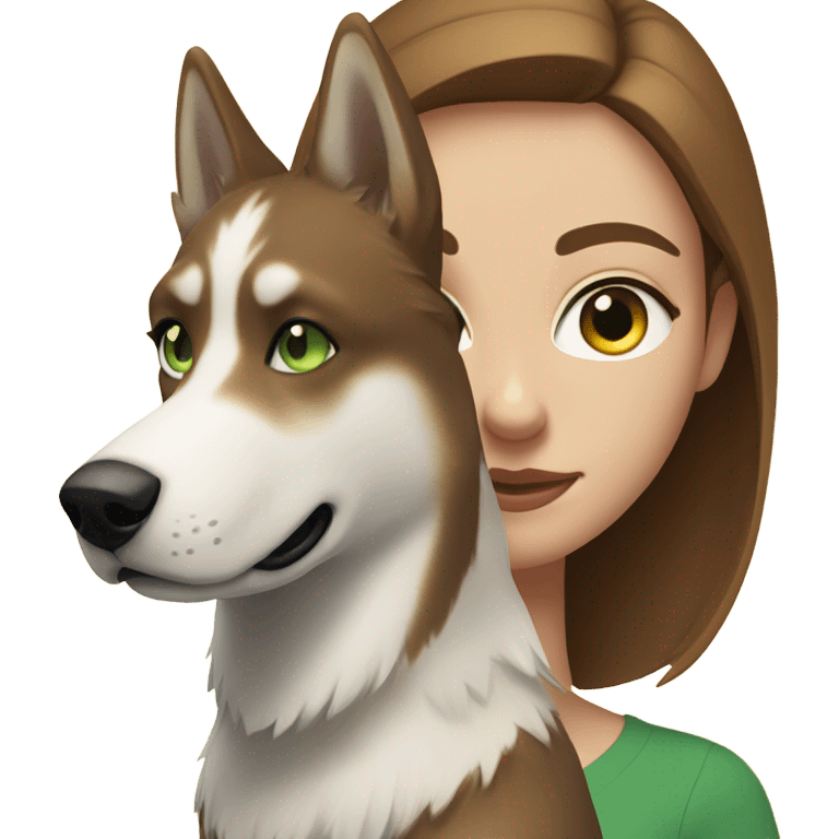 White Woman hair brown and bleus eyes and golden Husky With green eyes emoji