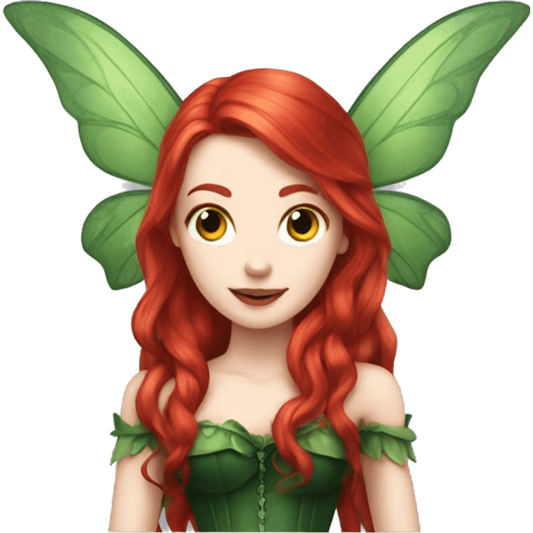 Fairy with long red hair pale skin deep green wings and green corset emoji